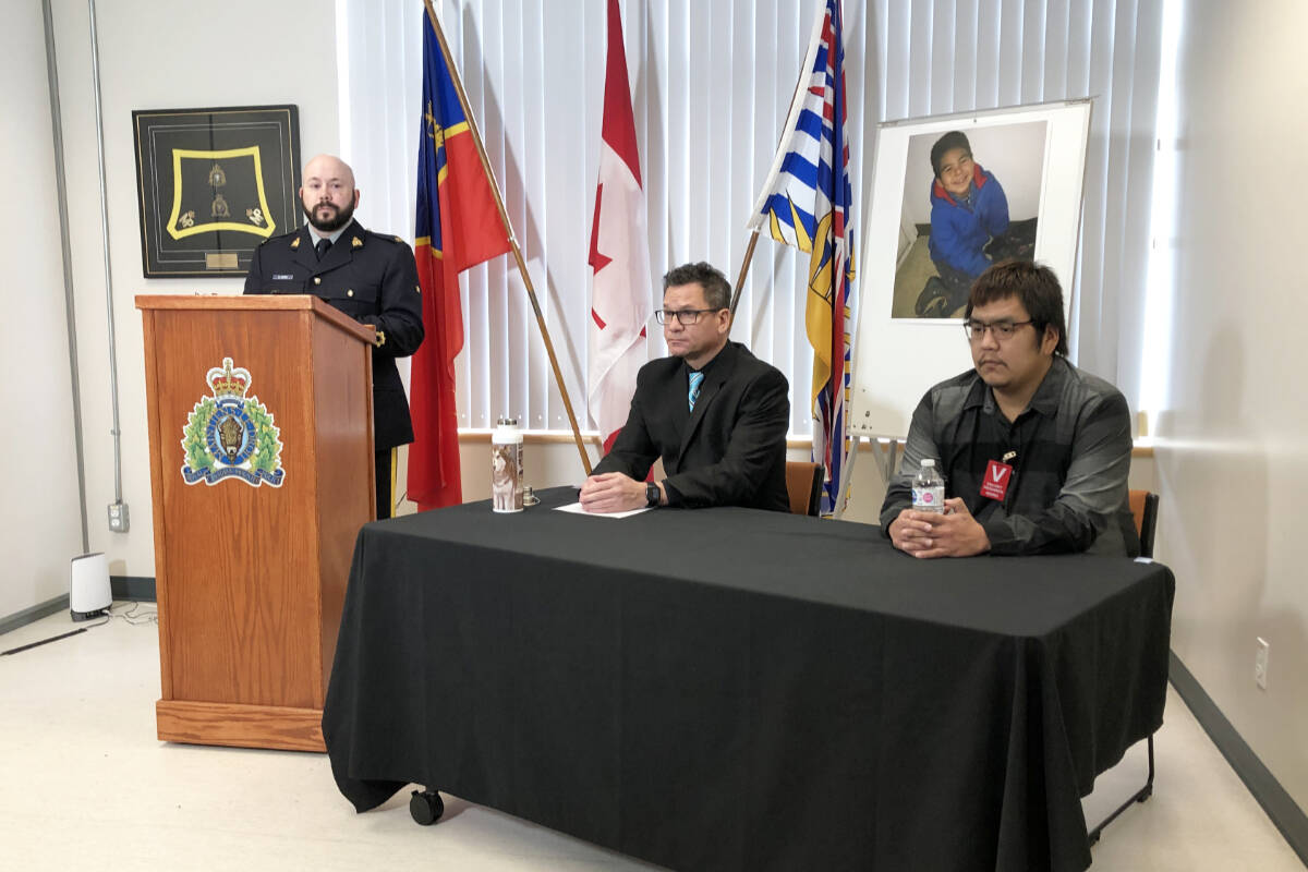 From left to right, Port Alberni RCMP Cst. Richard Johns, Sgt. Clayton Wiebe and Patrick Lucas speak to the media at the Port Alberni RCMP detachment on May 9, 2022. (ELENA RARDON / ALBERNI VALLEY NEWS)