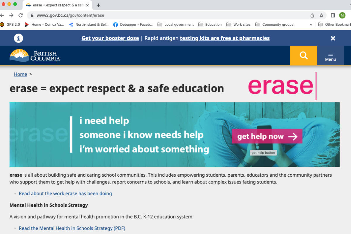 Parents say the province needs to provide better information for students over issues of sexual harassment and violence using tools lke the ERASE website. Screenshot, B.C. government site