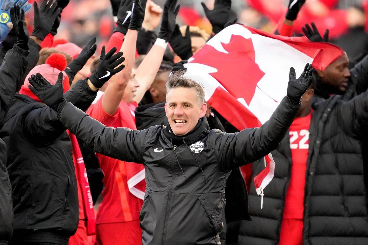 Canada head coach John Herdman celebrates the team’s win following second half CONCACAF World Cup soccer qualifying action against Jamaica, in Toronto on Sunday, March 27, 2022. Canada will host Iran in a men’s soccer friendly on June 5 in Vancouver. THE CANADIAN PRESS/Frank Gunn