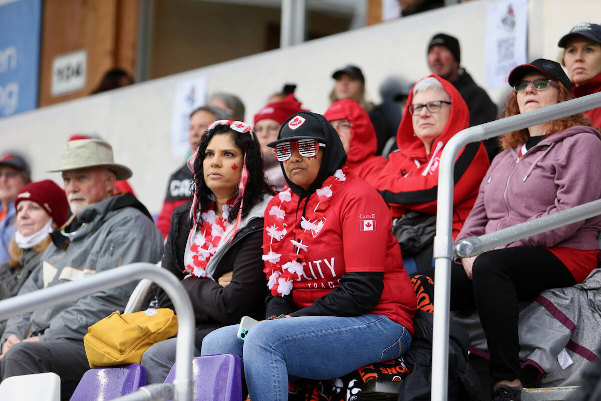 Team Canada rugby fans take in the HSBC World Rugby Sevens Series action at Starlight Stadium just outside Victoria Saturday, April 30, 2022. (Justin Samanski-Langille/News Staff)