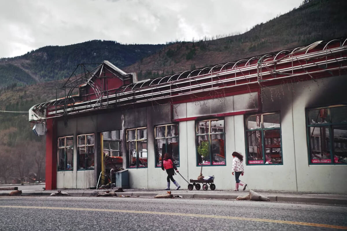 A promotional commercial for ATCO was filmed showing two girls walking through the fire-ravaged streets of Lytton, though portions of the commercial were also filmed in Ashcroft. (ATCO/YouTube)