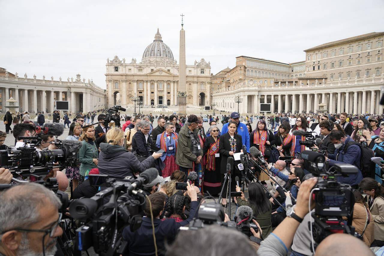 Cassidy Caron, president of the Metis National Council, speaks to the media in St. Peter’s Square after a meeting with Pope Francis at the Vatican, Monday, March 28, 2022. THE CANADIAN PRESS/AP-Gregorio Borgia