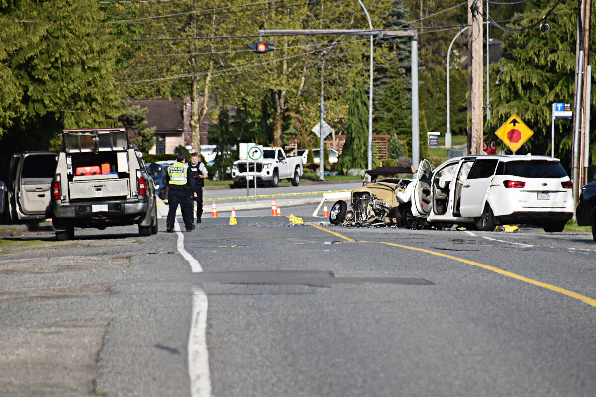 A two-vehicle crash Friday afternoon has resulted in one driver being killed. (Curtis Kreklau/Special to the Langley Advance Times)