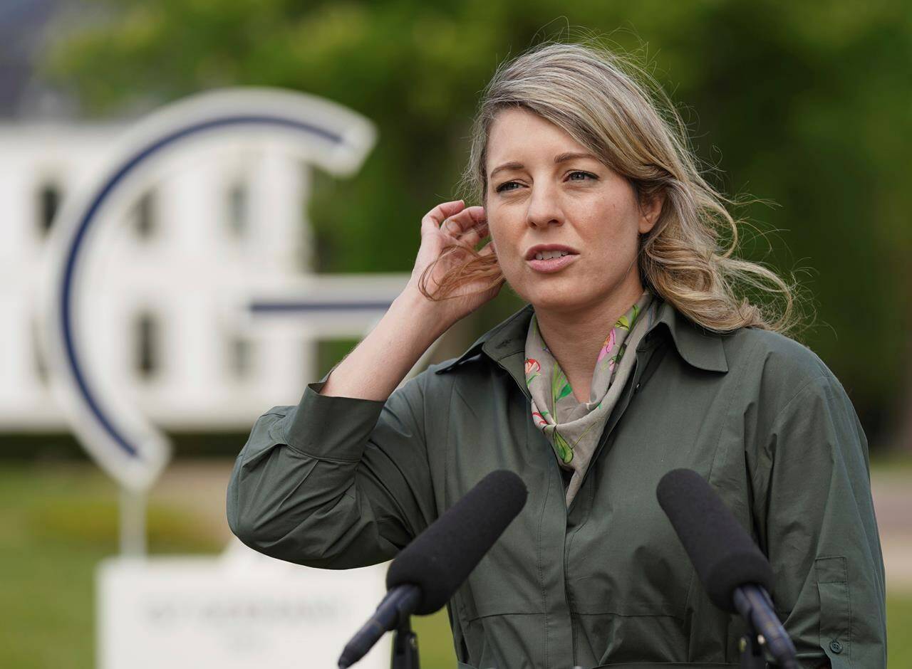 Melanie Joly, Foreign Minister of Canada, addresses the media during a statement as part of the meeting of foreign ministers of the G7 Group of leading democratic economic powers at the Weissenhaus resort in Weissenhaeuser Strand, Germany, Saturday, May 14, 2022. (Marcus Brandt/Pool via AP)