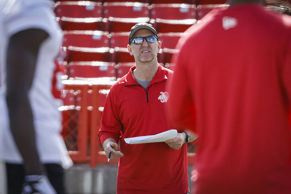 Calgary Stampeders head coach Dave Dickenson talks to players during opening day of the CFL team’s training camp in Calgary, Sunday, May 15, 2022.THE CANADIAN PRESS/Jeff McIntosh