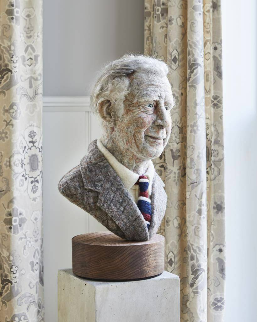 A wool sculpture of Prince Charles by Manitoban artist Rosemarie Péloquin is shown in a handout photo. The Prince of Wales is set to be greeted by his own “woolly doppelgänger” when he arrives in Canada on Tuesday. THE CANADIAN PRESS/HO-Valerie Wilcox