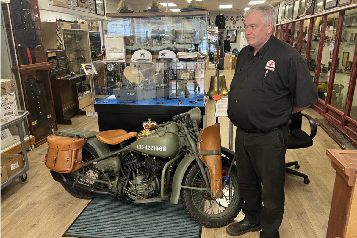 CFB Chilliwack Historical Society president Gord Wozencroft at the museum on Wellington Street downtown Chilliwack where thieves stole a gun and more than 20 bayonets on May 15, 2022. (Paul Henderson/ Chilliwack Progress)