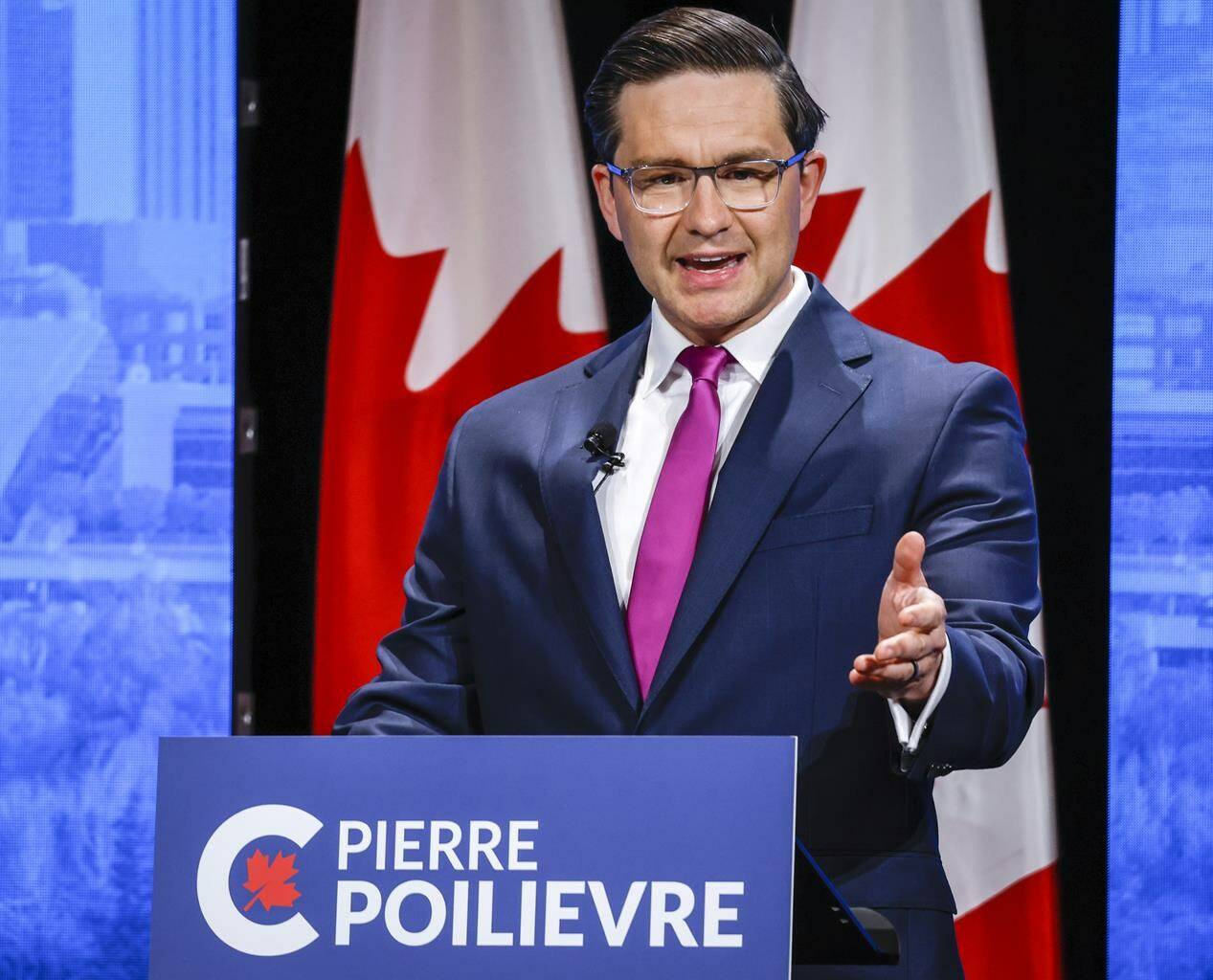 Candidate Pierre Poilievre makes a point at the Conservative Party of Canada English leadership debate in Edmonton, Alta., Wednesday, May 11, 2022. Poilievre is denouncing the “white replacement theory” that is believed to be a motive for a mass shooting in Buffalo, N.Y., over the weekend as “ugly and disgusting hate mongering.” THE CANADIAN PRESS/Jeff McIntosh