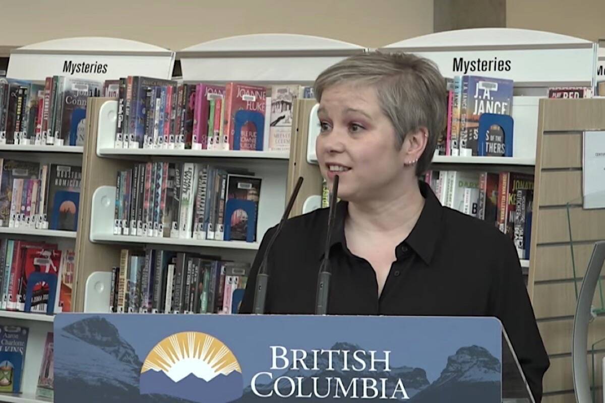 B.C. Library Association executive director Rina Hadziev speaks at the James Bay branch of the Greater Victoria Public Library, May 17, 2022. (B.C. government video)