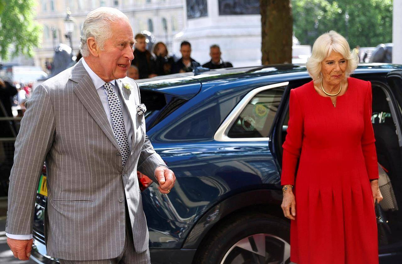 Britain’s Prince Charles and Camilla, Duchess of Cornwall, arrive at Canada House in London, Thursday, May 12, 2022. Prince Charles and his wife, Camilla, are in Newfoundland and Labrador’s capital today to begin a three-day Canadian tour focused on Indigenous reconciliation and climate change. (Hannah McKay/Pool Photo via AP)