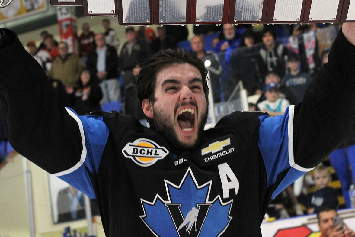 Penticton Vees alternate captain Frank Djurasevic is first to hoist the BCHL championship after his team’s Game 4 win against the Nanaimo Clippers on Wednesday, May 18, at Nanaimo’s Frank Crane Arena. (Greg Sakaki/Black Press Media)