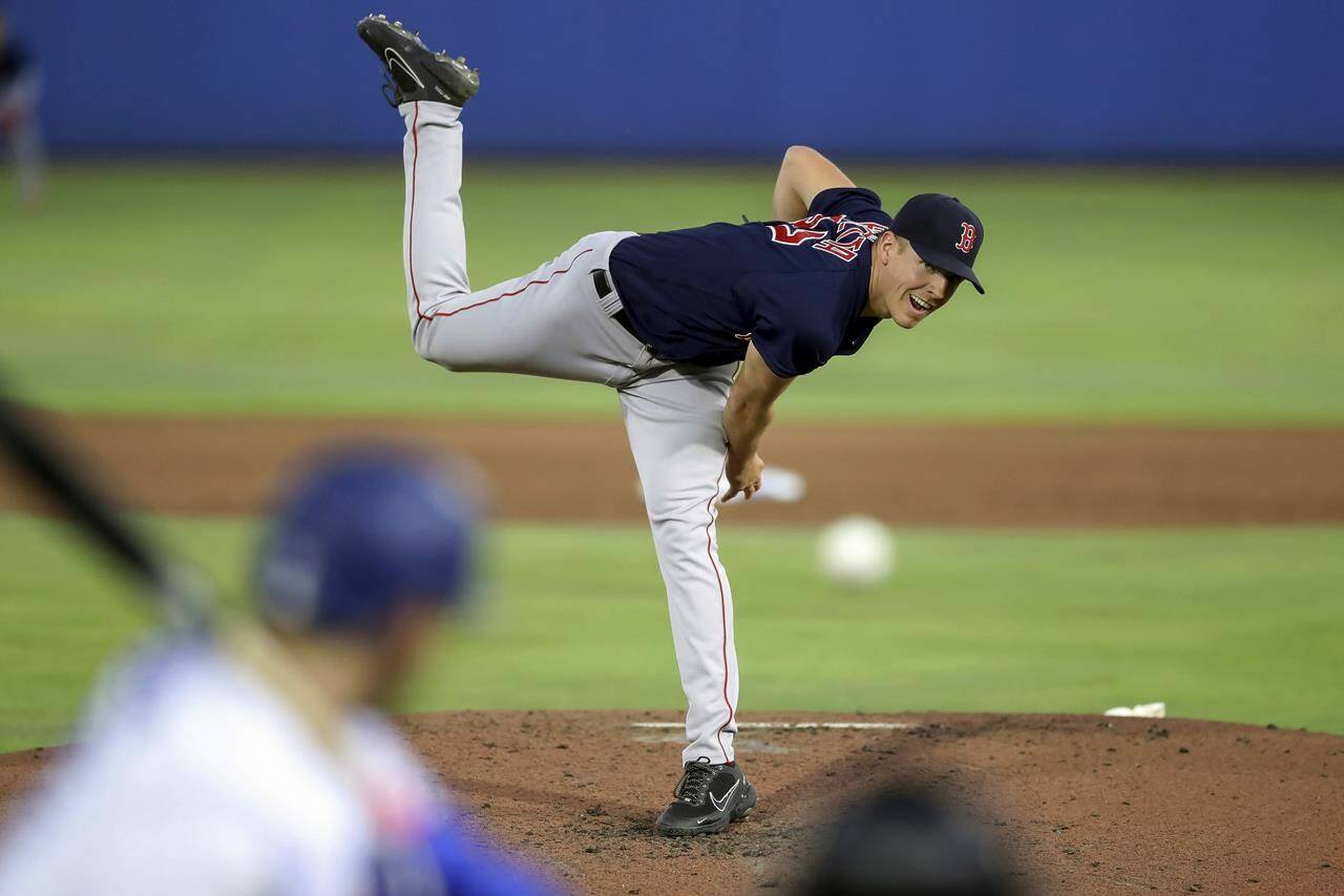 Boston Red Sox starting pitcher Nick Pivetta throws to a Toronto Blue Jays batter during the second inning of a baseball game Thursday, May 20, 2021, in Dunedin, Fla. (AP Photo/Mike Carlson)