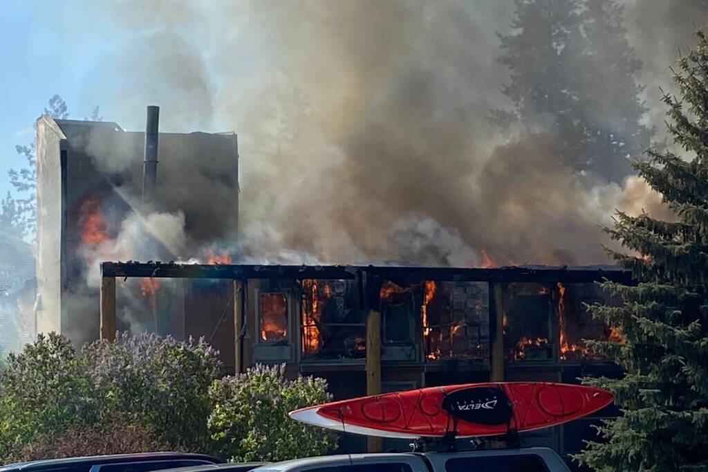 The popular Quaaout Lodge in the Shuswap went up in flames Sunday morning, May 22. (Andrew McCausland photo)