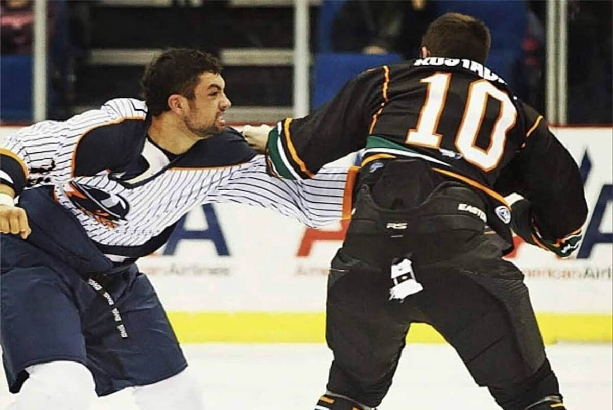 Daniel Amesbury, seen here during a regular season brawl, won a hockey fighting pay-per-view event May 21 in Edmonton. (file)