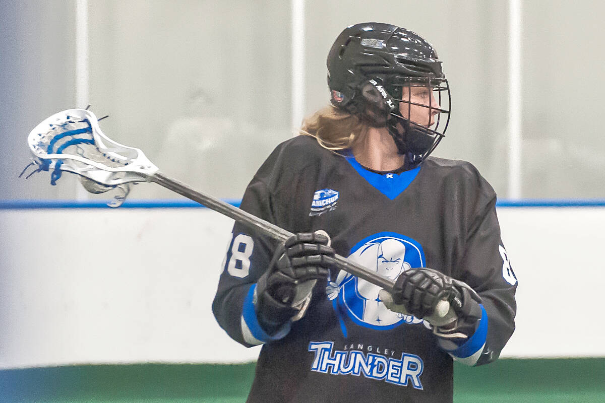 Teagan Dunnett made her BC Junior Tier 1 Lacrosse League debut for the Langley Thunder this season, becoming what is believed to be the first female lacrosse player to suit up in the league’s history. (Ryan Molag, Langley Events Centre/Special to Langley Advance Times)