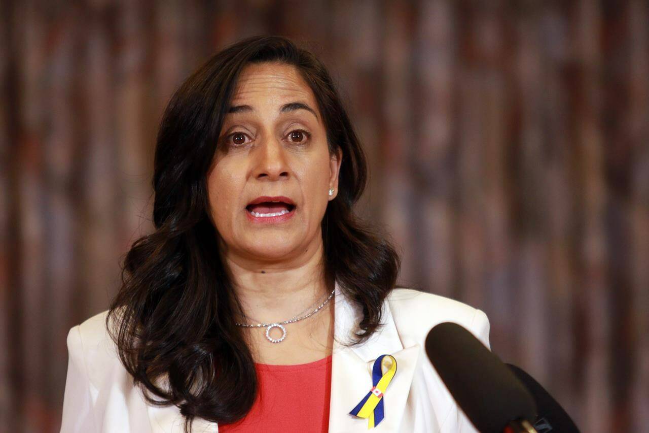 Minister of National Defence Anita Anand makes an announcement in support of Ukraine during a press conference at the Ukrainian Cultural Centre in Victoria, B.C., on Tuesday, May 24, 2022. THE CANADIAN PRESS/Chad Hipolito