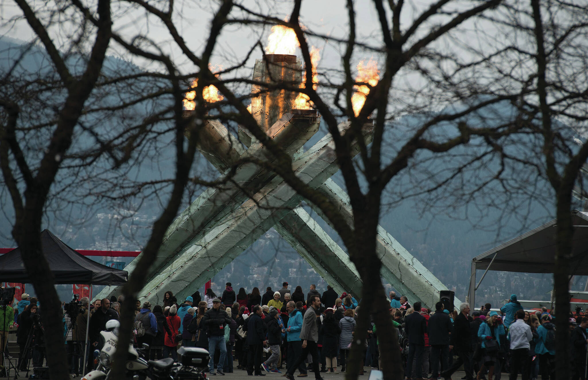 The flames from the Olympic Caldron are framed through trees after being relit in downtown Vancouver, Wednesday, February, 12, 2020. The flame was relit as a part of a 10 year celebration of the Vancouver 2010 winter Olympics. THE CANADIAN PRESS/Jonathan Hayward