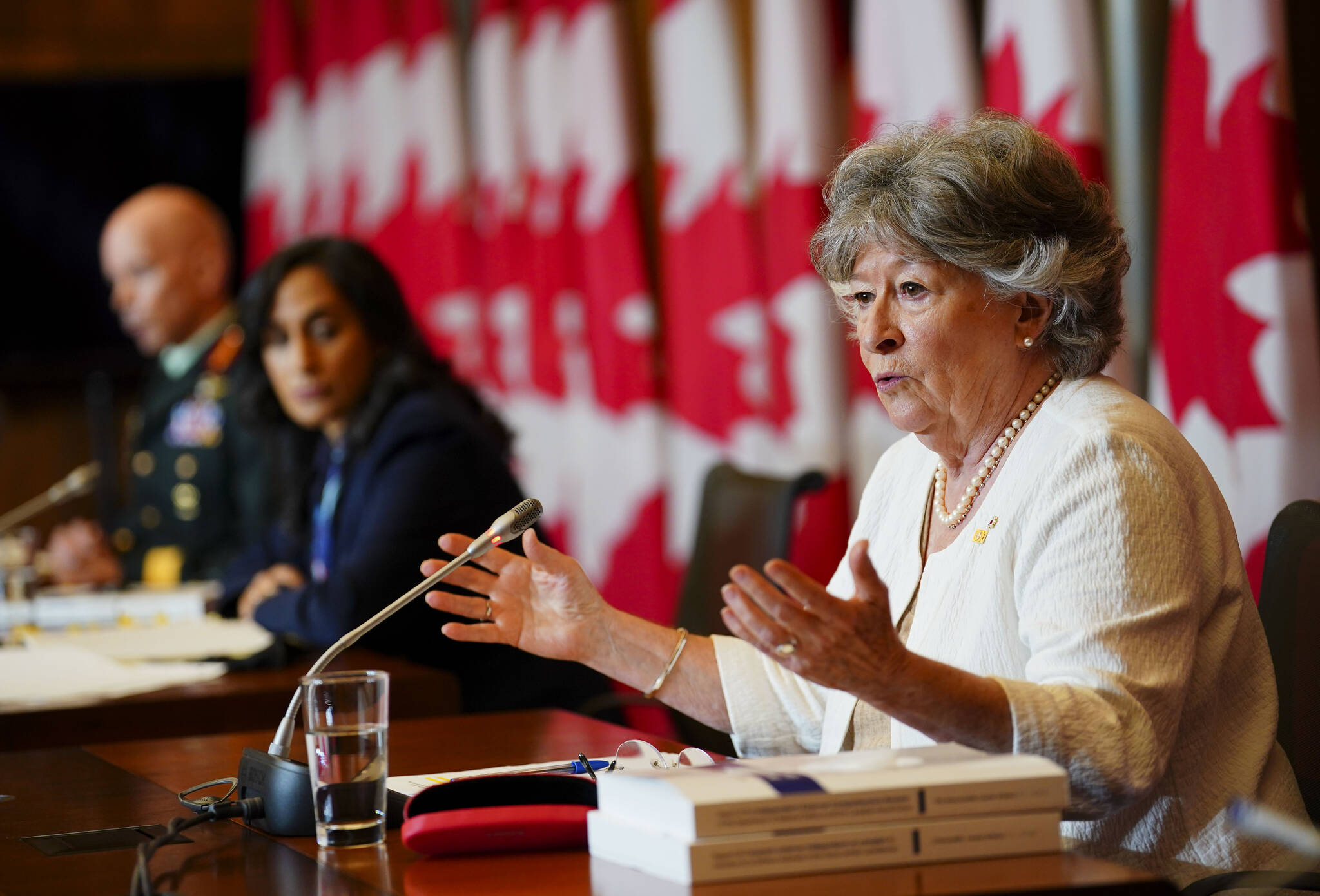 Former Supreme Court Justice Louise Arbour, and Minister of National Defence, Anita Anand, middle, release the final report of the Independent External Comprehensive Review into Sexual Misconduct and Sexual Harassment in the Department of National Defence and the Canadian Armed Forces in Ottawa on Monday, May 30, 2022. Also in attendance is Chief of the Defence Staff, General Wayne Eyre. THE CANADIAN PRESS/Sean Kilpatrick