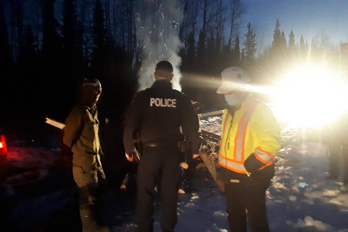 The RCMP arrested, and subsequently released, two more opponents of the Coastal GasLink pipeline for setting up a blockade near the construction site in Houston on Monday morning, Nov. 29. (Gidimt’en Checkpoint/ Facebook)