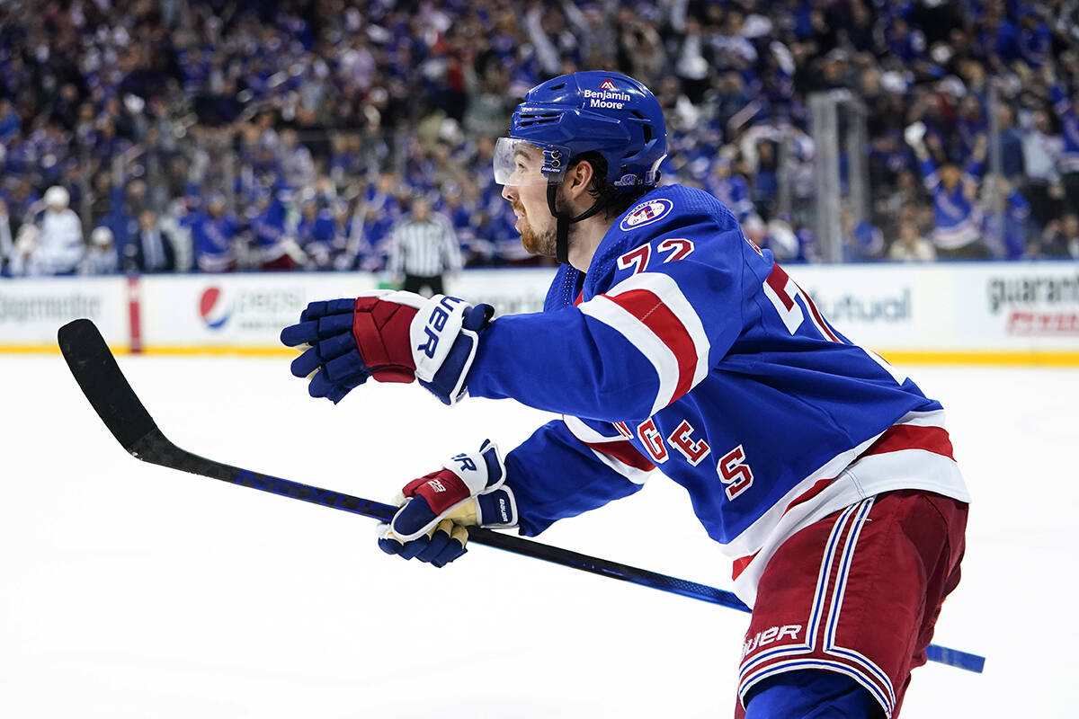 New York Rangers’ Filip Chytil celebrates goal against the Tampa Bay Lightning during the second period of Game 1 of the NHL hockey Stanley Cup playoffs Eastern Conference finals Wednesday, June 1, 2022, in New York. (AP Photo/Frank Franklin II)