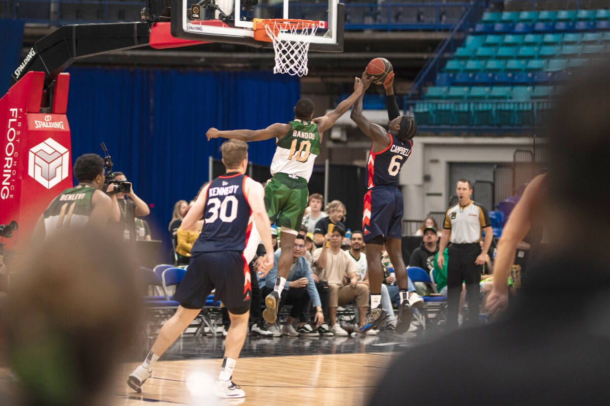 Saskatchewan Rattlers defeated Fraser Valley Bandits, 86-77, and are now looking for a rematch in Langley Saturday afternoon. Alex Campbell (above) went in for rebound. ( Canadian Elite Basketball League/Special to Black Press Media)
