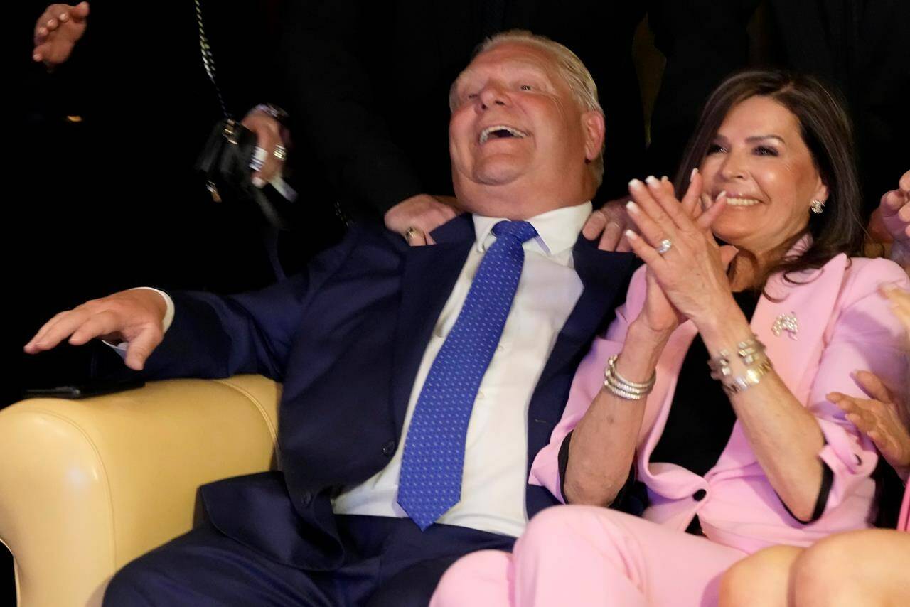 Ontario PC Party Leader Doug Ford and his wife Karla Ford react as they watch the early provincial election results start to appear in Toronto on Thursday June 2, 2022. THE CANADIAN PRESS/Frank Gunn