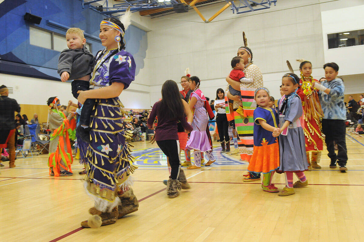 People take part the 2019 Spirit of the People Powwow at Chilliwack Secondary on Feb. 16, 2019. Youth are being asked “What does being Indigenous mean to you?” as the topic of the National Indigenous Peoples Day 2022 Writing and/or Art Contest. (Jenna Hauck/ Chilliwack Progress file)