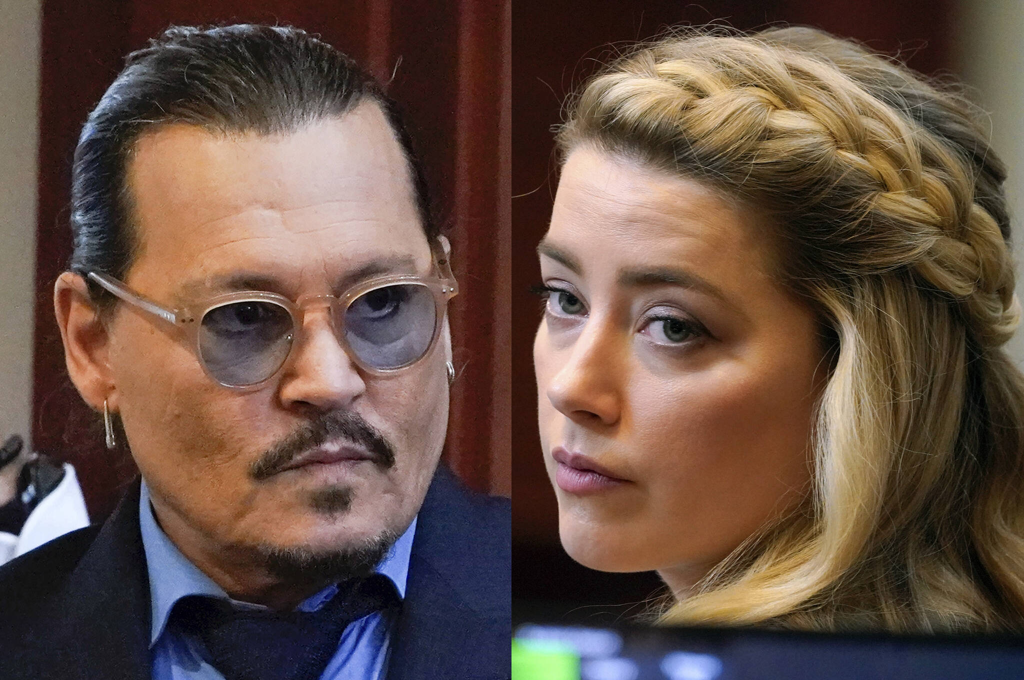 This combination of two separate photos shows actors Johnny Depp, left, and Amber Heard in the courtroom for closing arguments at the Fairfax County Circuit Courthouse in Fairfax, Va., on Friday, May 27, 2022. Depp is suing Heard after she wrote an op-ed piece in The Washington Post in 2018 referring to herself as a “public figure representing domestic abuse.” (AP Photos/Steve Helber, Pool)
This combination of two separate photos shows actors Johnny Depp, left, and Amber Heard in the courtroom for closing arguments at the Fairfax County Circuit Courthouse in Fairfax, Va., on Friday, May 27, 2022. Depp was suing Heard after she wrote an op-ed piece in The Washington Post in 2018 referring to herself as a “public figure representing domestic abuse.” (AP Photos/Steve Helber, Pool)