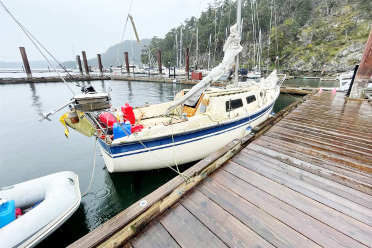 Two men were arrested on separate days in May on this sailboat, which was reported stolen from Cadboro Bay. One man was arrested on outstanding warrants, and the other is in court this month to face charges of possession of stolen property. (Courtesy BC RCMP)