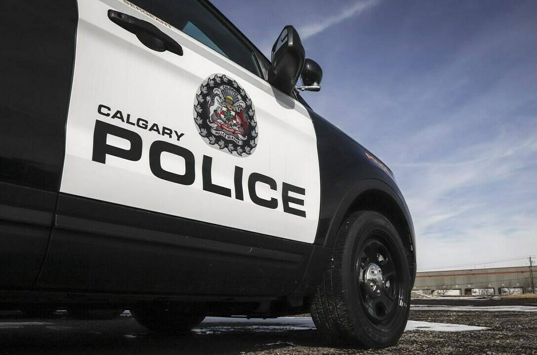 Police vehicles are shown at Calgary Police Service headquarters in Calgary, on April 9, 2020. Calgary police say they are investigating after an 83-year-old women died in an apparent dog attack in the city’s northwest. CANADIAN PRESS/Jeff McIntosh