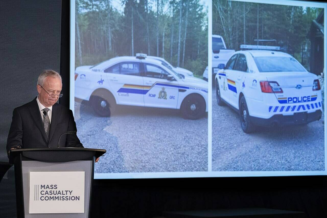 Commission counsel Roger Burrill presents information about the police paraphernalia used by Gabriel Wortman, at the Mass Casualty Commission inquiry into the mass murders in rural Nova Scotia on April 18/19, 2020, in Halifax on Monday, April 25, 2022. The inquiry into the 2020 mass shooting in Nova Scotia has revealed two new RCMP miscues that delayed a warning to the public that the killer was driving a replica police car. THE CANADIAN PRESS/Andrew Vaughan