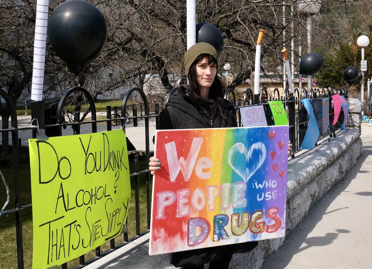 Holly Trider of ANKORS at an April demonstration in Nelson calling for decriminalization and safe drug supply. Advocates say last week’s decriminalization announcement doesn’t go far enough to be effective. Photo: Bill Metcalfe