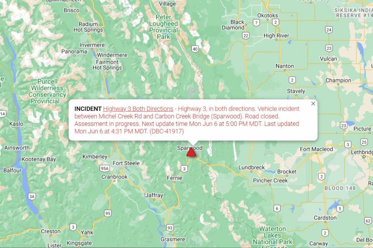 A map was tweeted by Drive BC at 4:47 p.m. Monday, June 6, regarding a collision that brought traffic on Hwy. 3 east of Sparwood to a halt for over four hours. (Courtesy Drive BC)