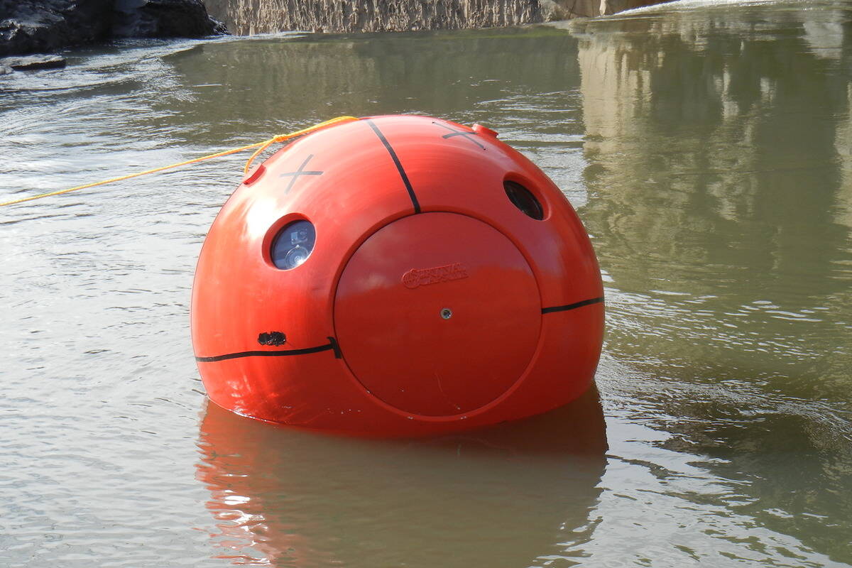 One of Survival Capsule’s tsunami protection spheres is tested at Palouse Falls in Washington state. (Courtesy of Survival Capsule)