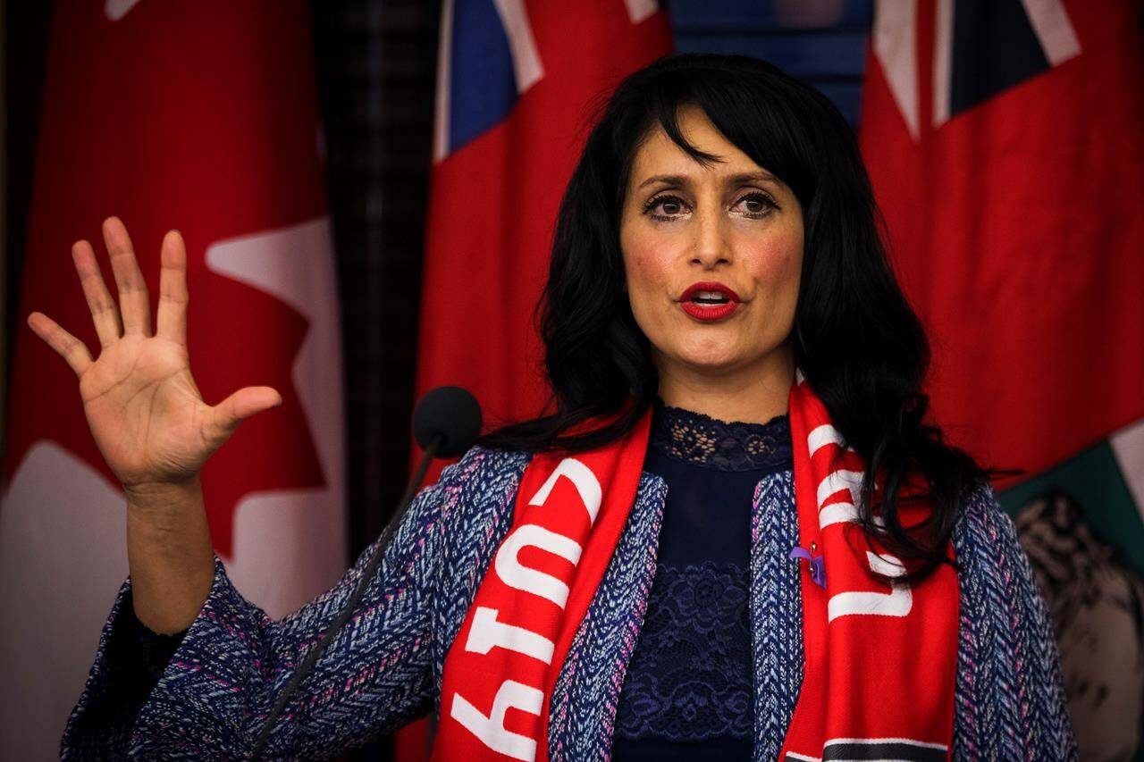 Leela Aheer, then minister of culture, multiculturalism and the status of women, makes an announcement on domestic and gender-based violence during the CFL’s Grey Cup week in Calgary on Tuesday, Nov. 19, 2019. The United Conservative backbencher removed from Premier Jason Kenney’s cabinet after publicly criticizing him is running to replace him in the party’s upcoming leadership race. THE CANADIAN PRESS/Todd Korol