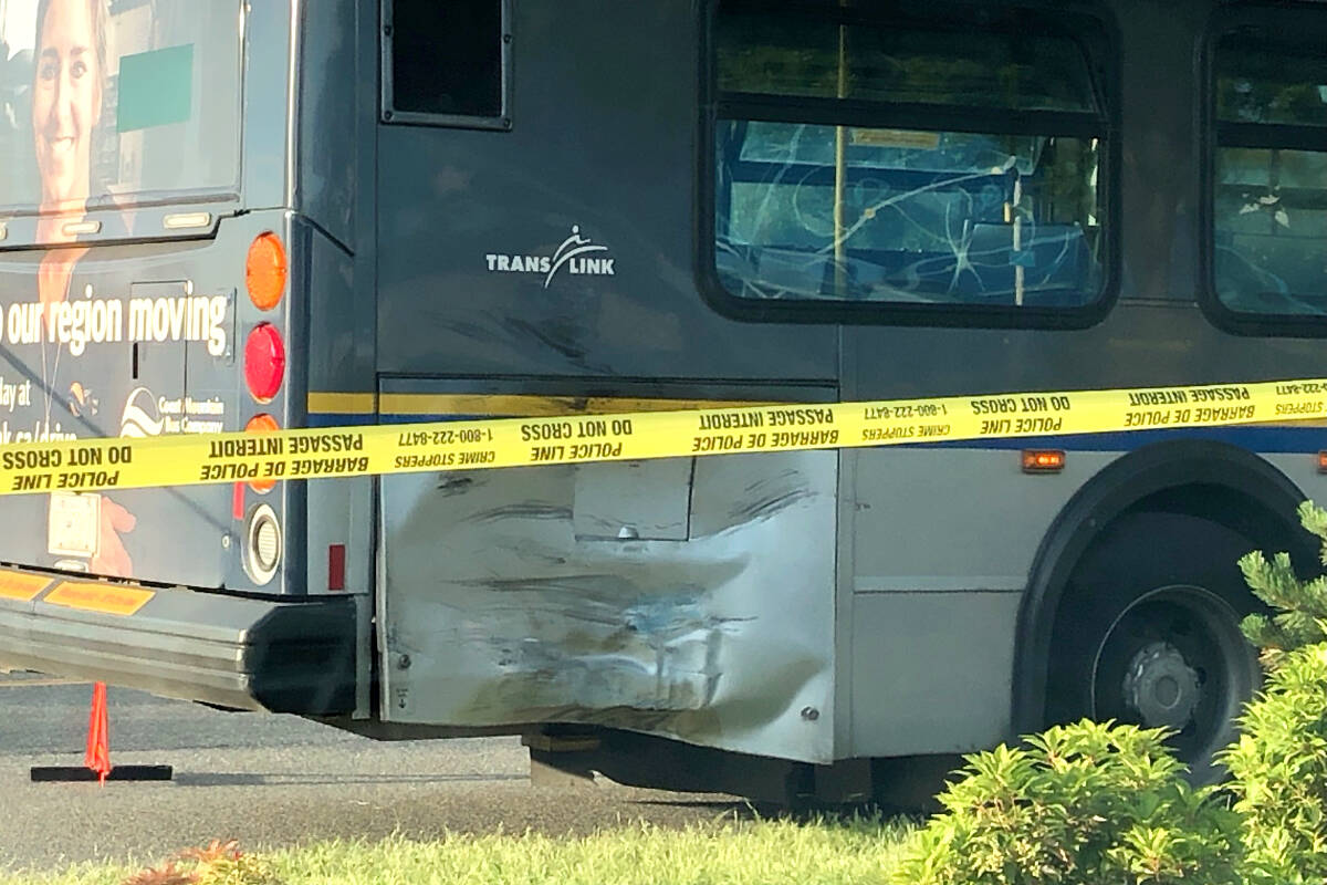 Emergency responders have 200th Street blocked off at 91A Avenue (at the north end of the Cineplex Theatres parking lot) following what is being reported as a fatal crash Wednesday evening. Indications a bus and motorcycle were involved. (Heather Colpitts/Langley Advance Times)