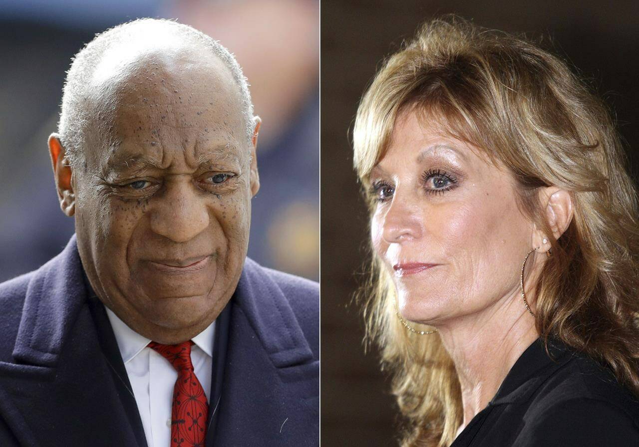 Bill Cosby arrives for his sexual assault trial in Norristown, Pa. on April 20, 2018, left, and Judy Huth appears at a press conference outside the Los Angeles Police Department’s Wilshire Division station in Los Angeles on Dec. 5, 2014. Eleven months after he was freed from prison, Cosby, 85, will again be the defendant in a sexual assault proceeding, this time a civil case in California. Huth, who is now 64, alleges that in 1975 when she was 16, Cosby sexually assaulted her at the Playboy Mansion. (AP Photo)