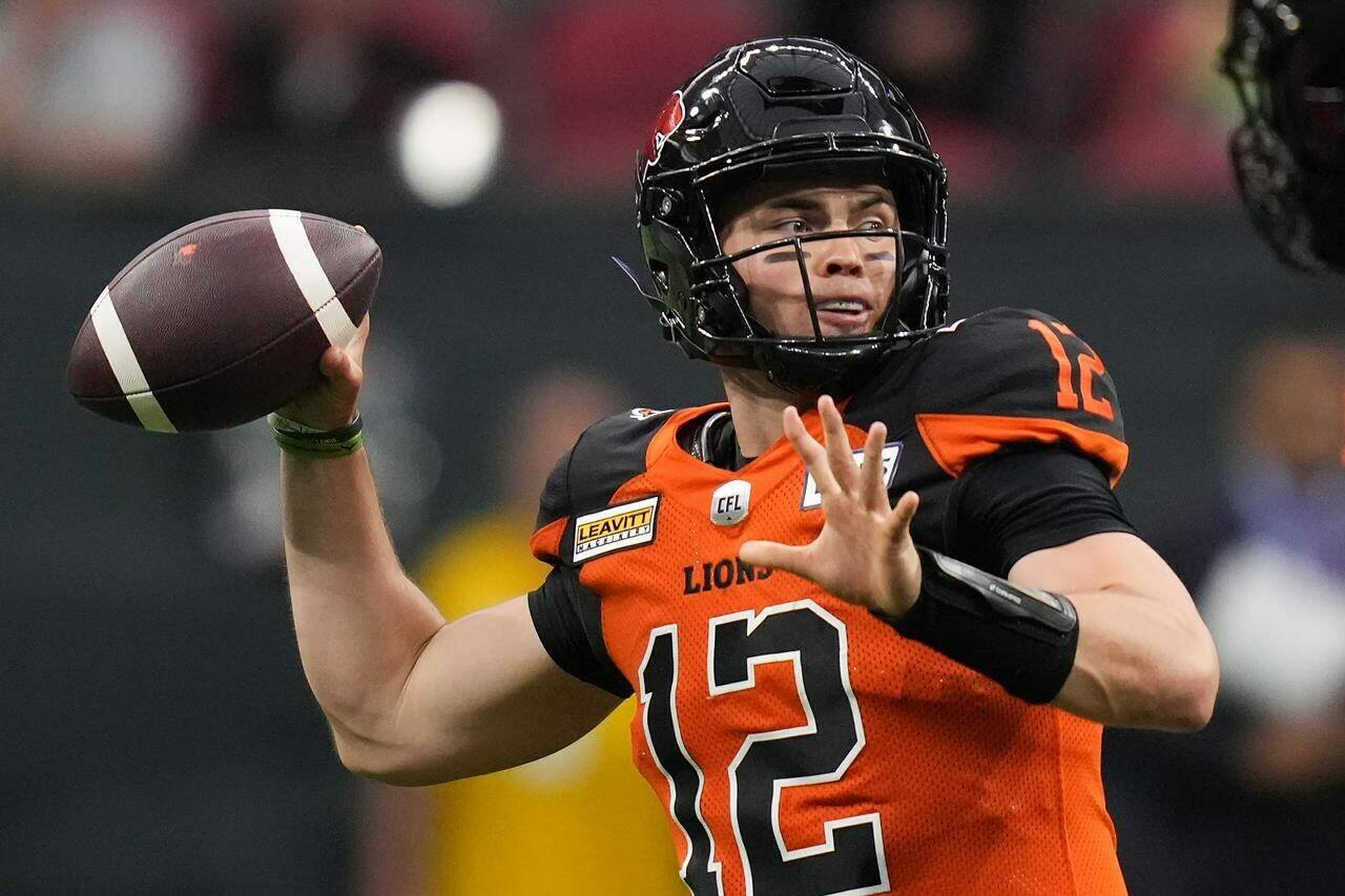 B.C. Lions quarterback Nathan Rourke knows that taking over the starter spot isn't going to be easy. Not only is the 24-year-old Ohio product under the spotlight as a rare Canadian QB, he's also stepping into a role vacated by Michael Reilly, the man who led the league in passing last season. Rourke passes during the first half of a pre-season CFL football game against the Saskatchewan Roughriders in Vancouver, B.C., Friday, June 3, 2022. THE CANADIAN PRESS/Darryl Dyck