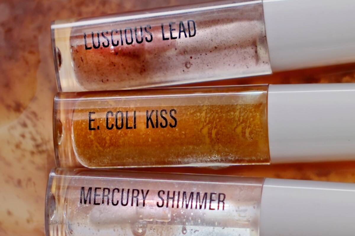 A new campaign by Cheekbone Beauty features lip glosses with names like Lucious Lead, E.Coli Kiss, and Mercury Shimmer (photo provided by Cheekbone Beauty).