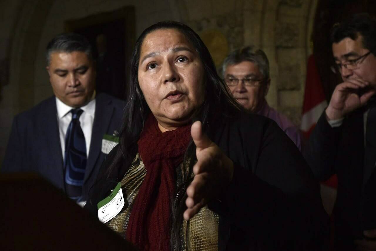 Judy Wilson, Chief of Neskonlith Indian Band and Executive Member of the Union of B.C. Indian Chiefs, speaks during a news conference on the impact of Bill C-58 on Indigenous communities, in the foyer of the House of Commons on Parliament Hill in Ottawa on December 4, 2017. THE CANADIAN PRESS/Justin Tang