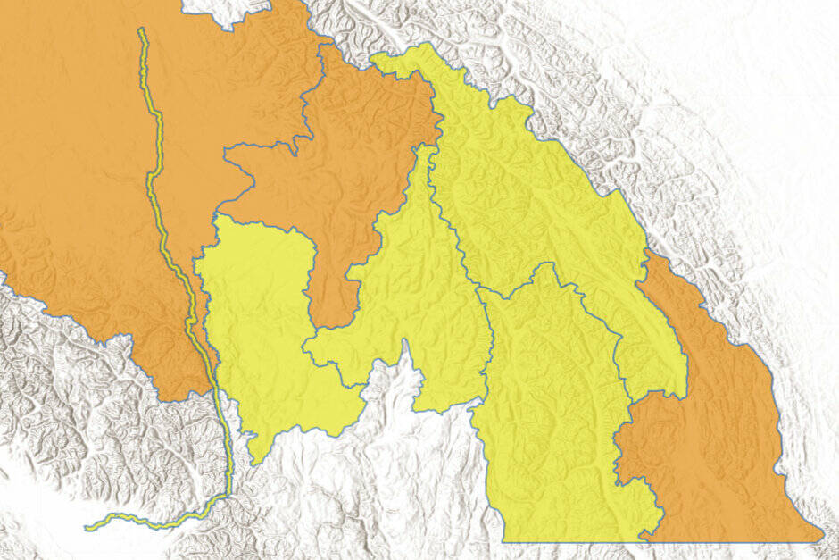 Areas in the southern interior of British Columbia are under flood watch (orange) or high streamflow advisory (yellow). Photo courtesy River Forecast Centre.