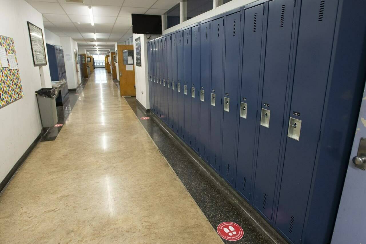 Lockers are seen at a school in Montreal on Tuesday, November 17, 2020. A suburban Montreal high school had to recall more than 900 yearbooks for 2021-22 after a racial slur was found hidden in one of the student’s biographies.THE CANADIAN PRESS/Ryan Remiorz