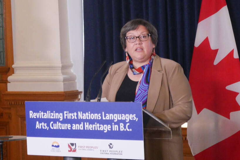 First People’s Cultural Council CEO Tracey Herbert, right, responds to a provincial funding announcement for Indigenous language, art, culture and heritage revitalization at the legislature June 14. (Evert Lindquist/News Staff)