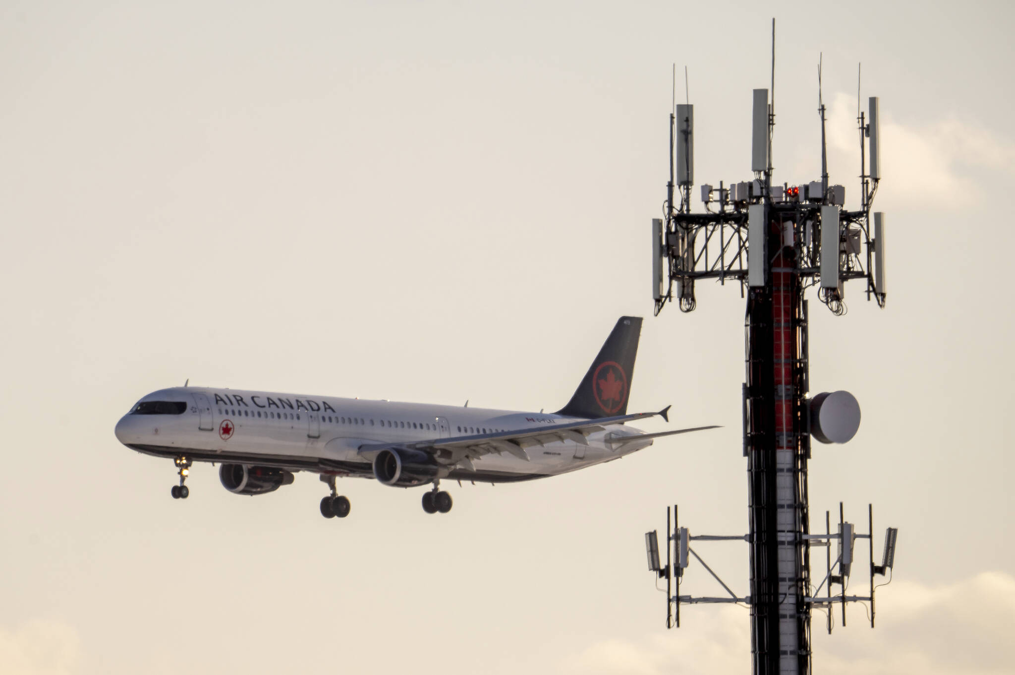 An Air Canada jet flies past a cell phone tower as it comes in to land at Pearson Airport in Toronto on Thursday January 20, 2022. THE CANADIAN PRESS/Frank Gunn