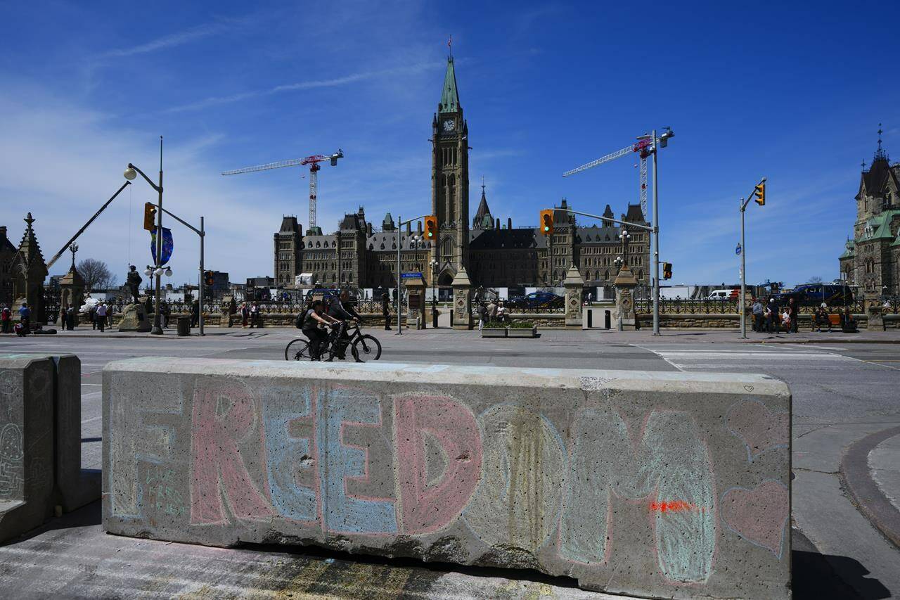 Chalk art remains in downtown Ottawa on May 1, 2022, following a protest. Events are set to take place in Ottawa in late June through the rest of the summer for what organizers say are to protest remaining COVID-19 pandemic-era restrictions. THE CANADIAN PRESS/Sean Kilpatrick