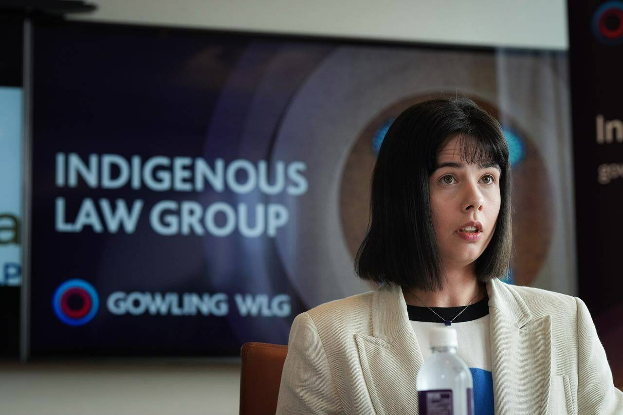 Cheyenne Stonechild, lead representative plaintiff, speaks during a news conference in Vancouver, on Monday, June 20, 2022. The Federal Court of Canada has certified a class-action lawsuit against the federal government on behalf of off-reserve Indigenous children who were taken from their families and placed in non-Indigenous care. THE CANADIAN PRESS/Darryl Dyck