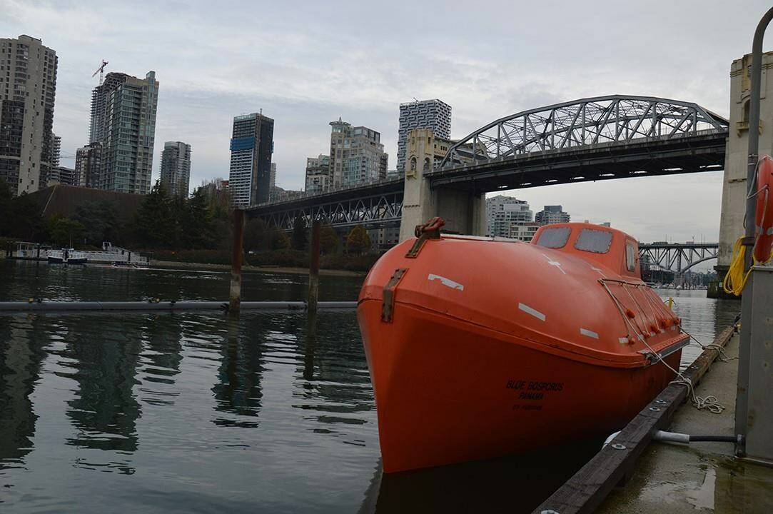 A lifeboat that dropped from a ship in English Bay in December 2020, injuring two crew members, is seen moored in Vancouver in this undated handout photo. The Transportation Safety Board has concluded its report into the accident. The report says the crewmembers were seriously hurt when they fell 14 metres to the water after slings holding up the boat released. THE CANADIAN PRESS/HO-Transportation Safety Board of Canada **MANDATORY CREDIT**