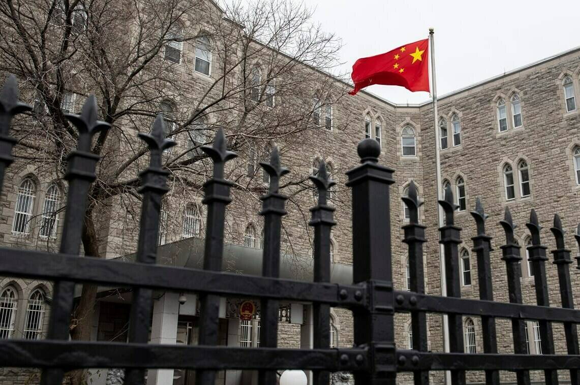 The flag of the People’s Republic of China flies at the Embassy of China in Ottawa, on Nov. 22, 2019. A federal research unit detected what might be a Chinese Communist Party information operation that aimed to discourage Canadians of Chinese heritage from voting for the Conservatives in the 2021 federal election. THE CANADIAN PRESS/Justin Tang