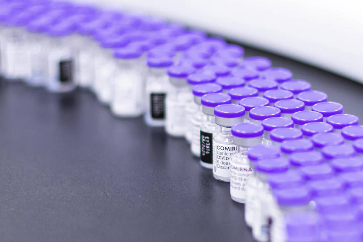 In this March 2021 file photo provided by Pfizer, vials of the Pfizer-BioNTech COVID-19 vaccine are prepared for packaging at the company’s facility in Puurs, Belgium. (Pfizer via AP)