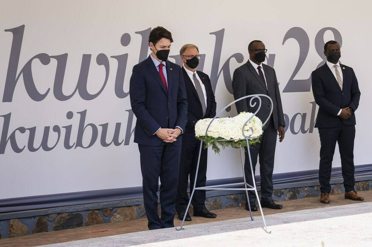 Prime Minister Justin Trudeau pauses after laying a wreath at the Kigali Genocide Memorial in Kigali, Rwanda on Thursday, June 23, 2022. More than 250,000 victims of the Genocide against the Tutsi have been buried in a mass grave at the memorial. THE CANADIAN PRESS/Paul Chiasson
